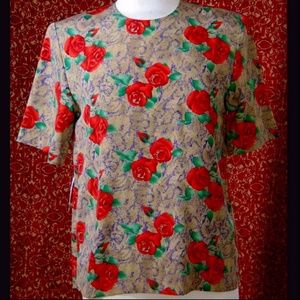 WORTHINGTON red floral short sleeve blouse S 💥🕚